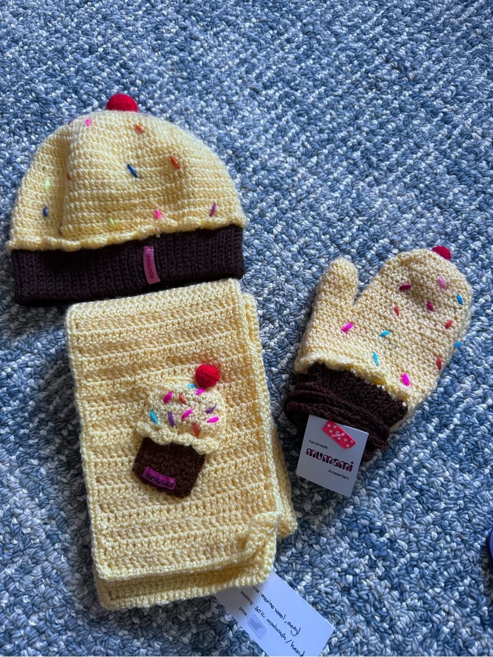 Toddler Hand Knit Yellow Cupcake Knit Hat, Scarf & Mitten Set from Amsterdam